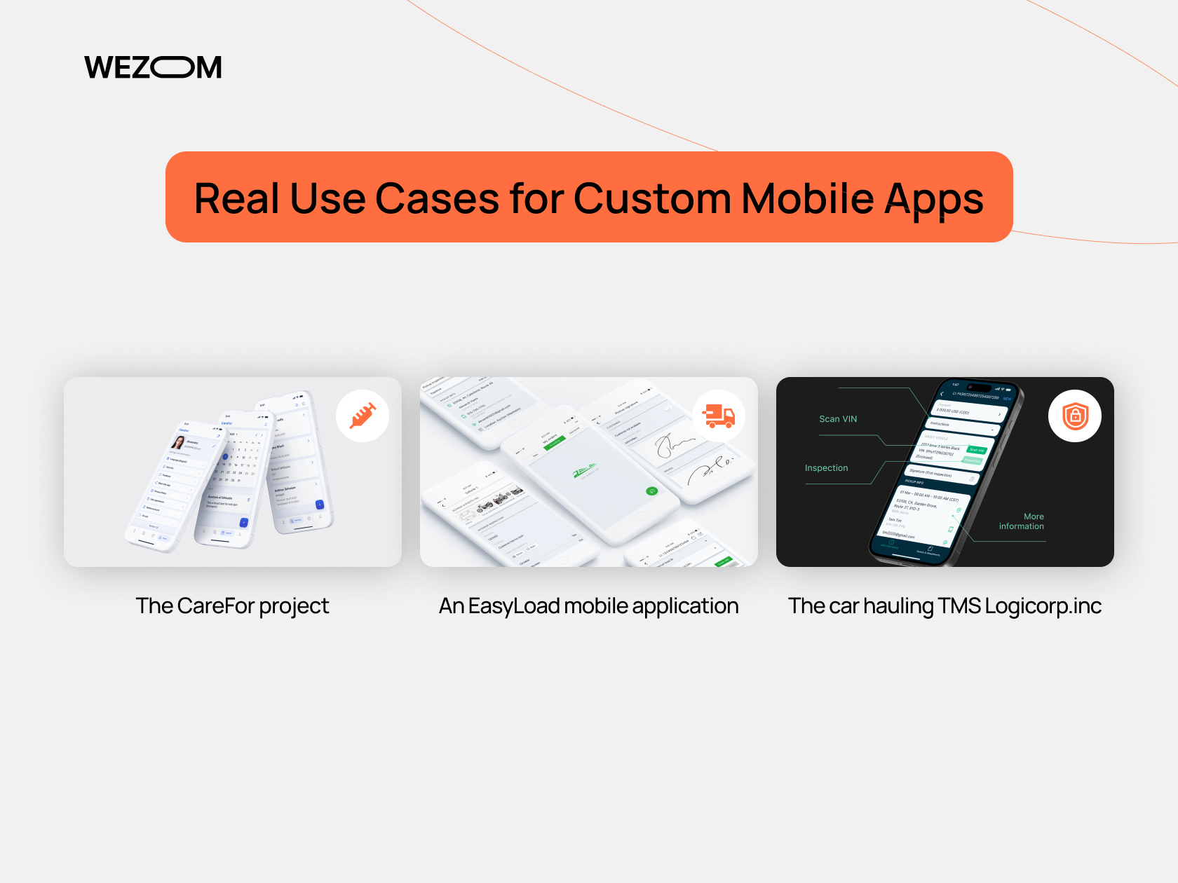 Real use cases of custom mobile app development including CareFor project, EasyLoad application, and bespoke TMS Logicorp solution
